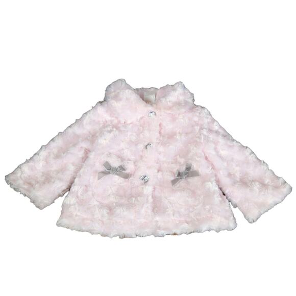 Mini Muffin Pink Faux Fur Jacket 6-9 Months Baby Girl Rosette Coat Satin Bow - Picture 1 of 8